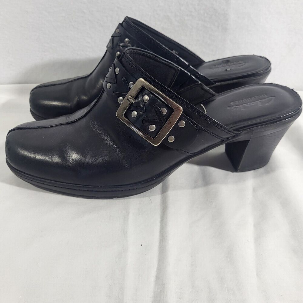Clarks Bendable’s Women’s Black Mules Heel Buckle Shoes Size 9 M 83544 Leather - Picture 6 of 8